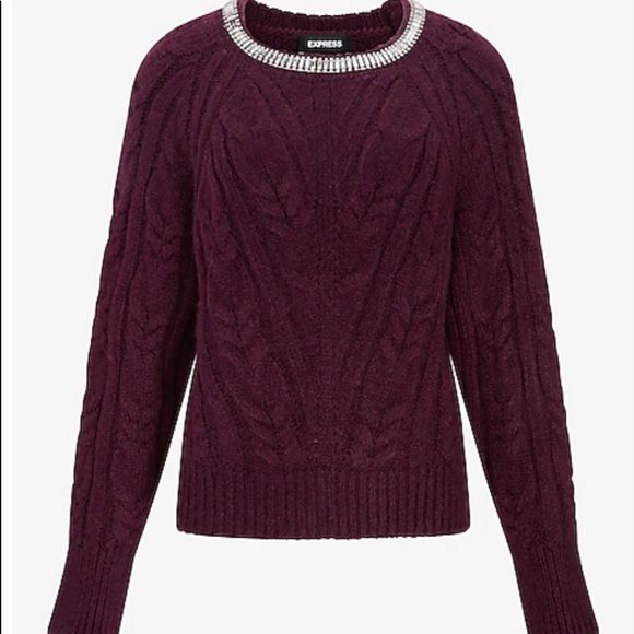 Express Cable Knit Embellished Neckline Sweater - Picture 4 of 14